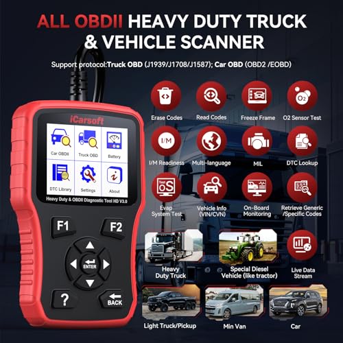 iCarsoft Heavy Duty Truck Scanner, iCarsoft HD V3.0 Multi-System OBD2 Diagnostic Scan Tool for Truck, Car, Mini Van, Light Duty Vehicle, Code Reader,Battery Test, Graphic Data Display-Red - Image 3