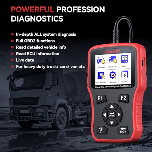 iCarsoft Heavy Duty Truck Scanner, iCarsoft HD V3.0 Multi-System OBD2 Diagnostic Scan Tool for Truck, Car, Mini Van, Light Duty Vehicle, Code Reader,Battery Test, Graphic Data Display-Red - Image 4