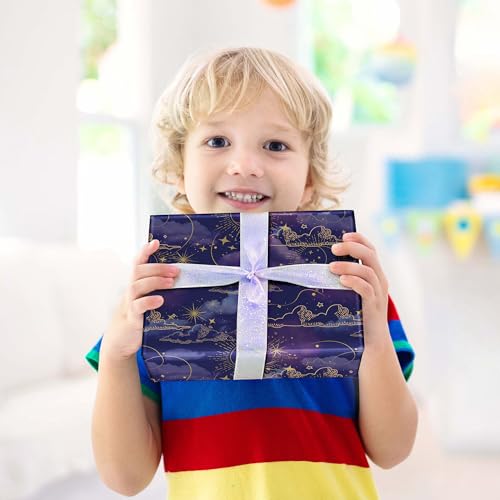 SaringSwoon Galaxy Wrapping Paper - Midnight Purple Gift Wrap With Celestial Star Moon and Cloud for Birthday, Baby Shower, Eid, Graduation, Father's Day, Christmas - 28x40 Inches, 4 Folded Sheets - Image 2