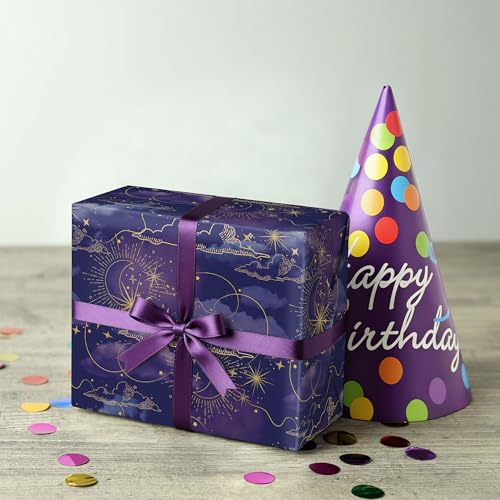 SaringSwoon Galaxy Wrapping Paper - Midnight Purple Gift Wrap With Celestial Star Moon and Cloud for Birthday, Baby Shower, Eid, Graduation, Father's Day, Christmas - 28x40 Inches, 4 Folded Sheets - Image 4