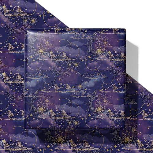 SaringSwoon Galaxy Wrapping Paper - Midnight Purple Gift Wrap With Celestial Star Moon and Cloud for Birthday, Baby Shower, Eid, Graduation, Father's Day, Christmas - 28x40 Inches, 4 Folded Sheets - Image 1
