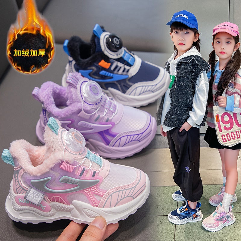 Children'S Velvet Sneakers 2023 Boys' Button Shoes Dad Shoes Girls' Warm Cotton Shoes - Image 2