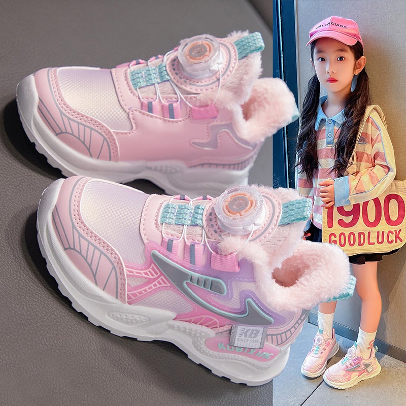 Children'S Velvet Sneakers 2023 Boys' Button Shoes Dad Shoes Girls' Warm Cotton Shoes - Image 3