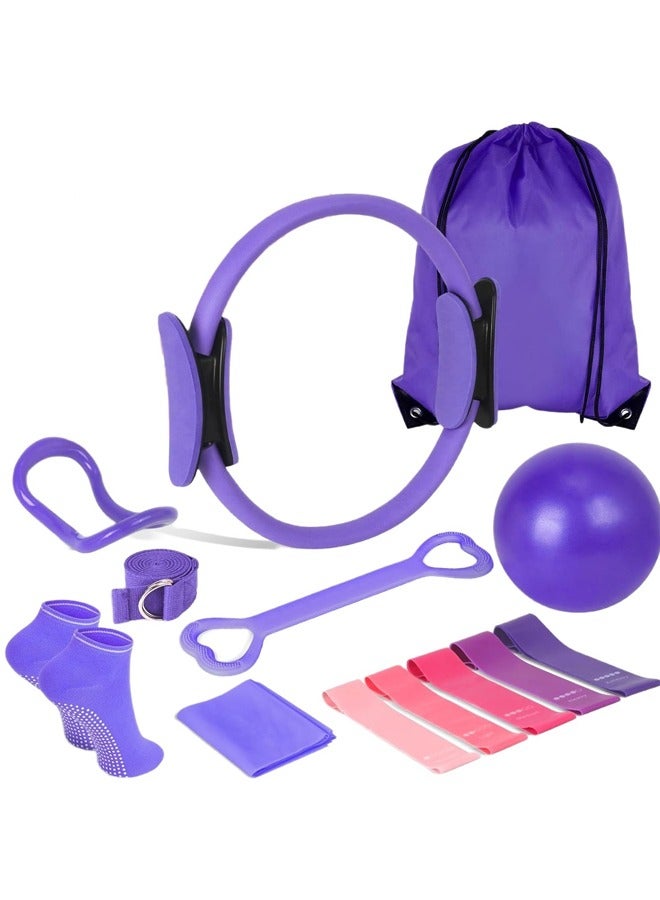 Fanski Pilates Ring Circle Set 13 Pcs Exercise Equipment Accessories for Women Workouts Pilates Ball Stretching Strap Magic Circle Yoga Ring Gym Back Bag Resistance Band Anti Slip Socks - Image 1