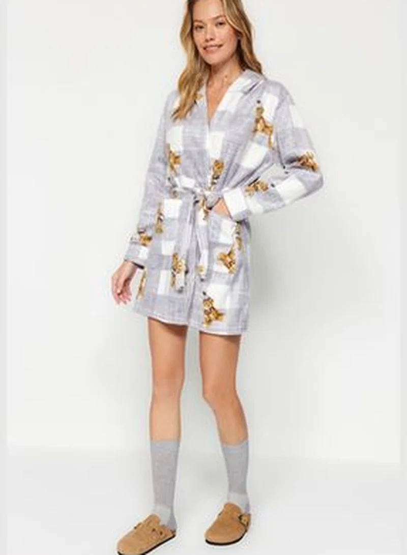 trendyol Gray Plaid Bear Pattern Pocket and Hood Detail Fleece Knitted Dressing Gown THMAW24SB00014
