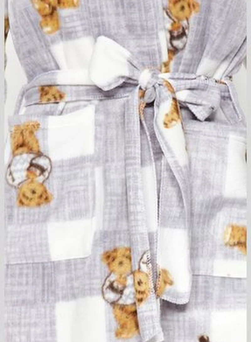 trendyol Gray Plaid Bear Pattern Pocket and Hood Detail Fleece Knitted Dressing Gown THMAW24SB00014