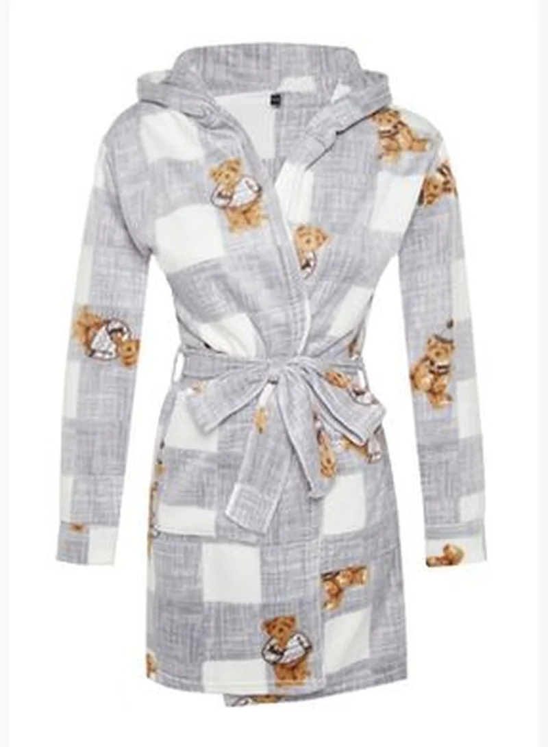trendyol Gray Plaid Bear Pattern Pocket and Hood Detail Fleece Knitted Dressing Gown THMAW24SB00014