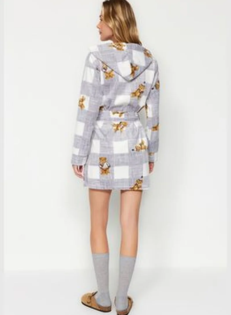 trendyol Gray Plaid Bear Pattern Pocket and Hood Detail Fleece Knitted Dressing Gown THMAW24SB00014