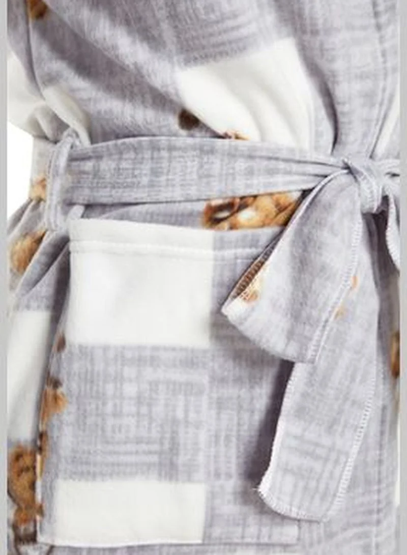 trendyol Gray Plaid Bear Pattern Pocket and Hood Detail Fleece Knitted Dressing Gown THMAW24SB00014