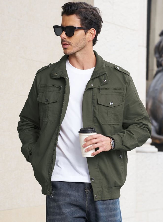 EKLENTSON Men's Cotton Lightweight Multi Pockets Zip Front Stand Collar Military Jackets Windbreaker, Green, M - Image 2
