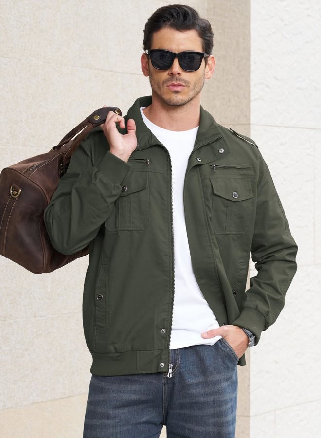EKLENTSON Men's Cotton Lightweight Multi Pockets Zip Front Stand Collar Military Jackets Windbreaker, Green, M - Image 3