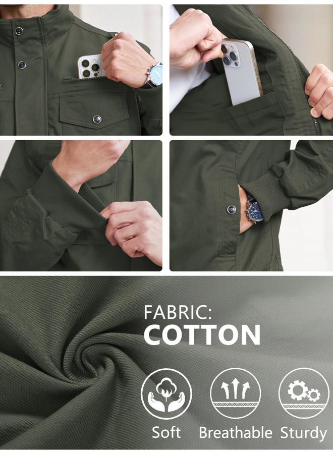 EKLENTSON Men's Cotton Lightweight Multi Pockets Zip Front Stand Collar Military Jackets Windbreaker, Green, M - Image 5