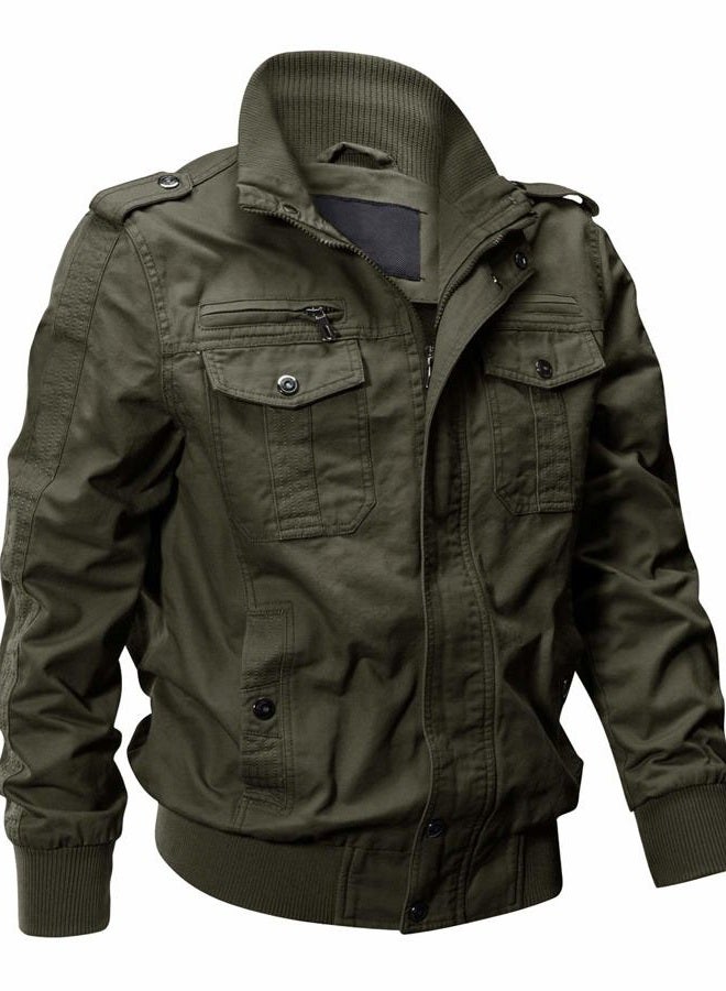 EKLENTSON Men's Cotton Lightweight Multi Pockets Zip Front Stand Collar Military Jackets Windbreaker, Green, M - Image 1