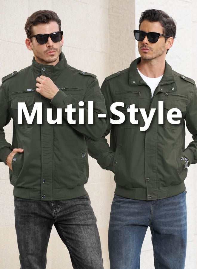 EKLENTSON Men's Cotton Lightweight Multi Pockets Zip Front Stand Collar Military Jackets Windbreaker, Green, M - Image 4