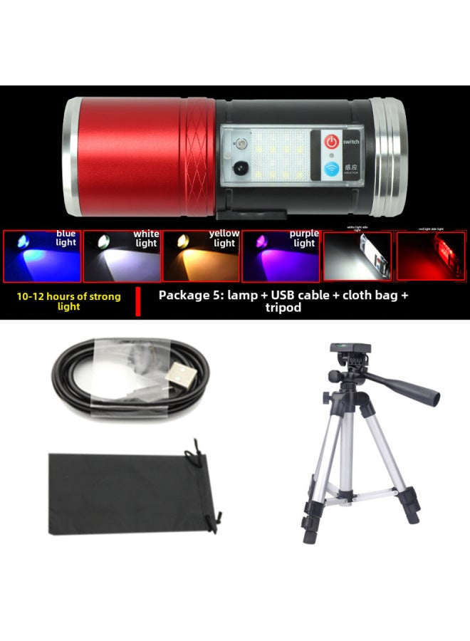 Bright LED High Power Night Fishing Lights Induction USB Rechargeable Blue Light Flashlight Fishing Lights-Color:Package 5: Lamp + Line + Bag +65cm Tripod - Image 1