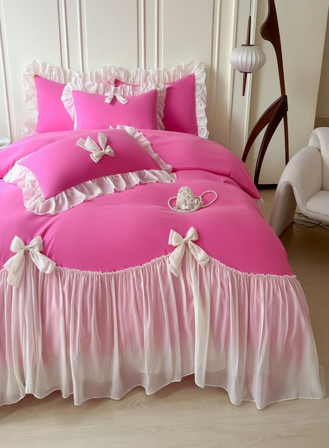 SOUKECHY Girls Lace Bedding,Queen Comforter Cover Set, Chic Ruffled Duvet Cover with Lovely Bow,Princess Style 1 Duvet Cover with 2 Pillowcases, No Comforter-Hot Pink,Queen Size - Image 2