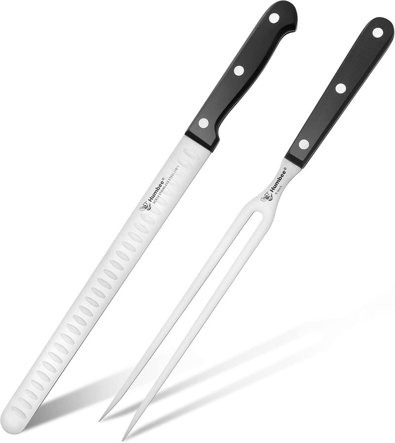 Humbee 10 Inch Carving Knife and 9 Inch Fork Set – Razor Sharp Stainless Steel Blade with Full Tang Grip Handle, Granton Edge for Smoked Brisket, Turkey, BBQ Meat and Roast - Image 1