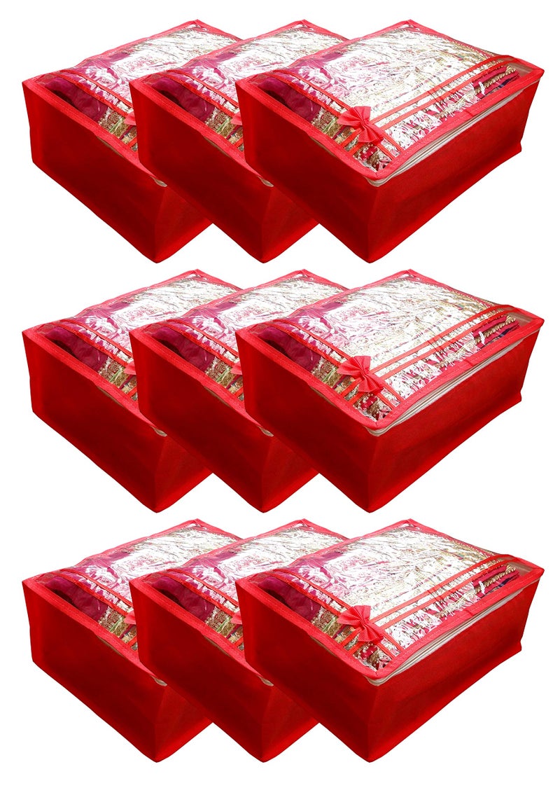 DIKHAWA Non Woven Transparent Top Saree Cover Bag, Cloth Cover Set for Storage with Zip (Set of 9_Red_43X33X18CM) - Image 1