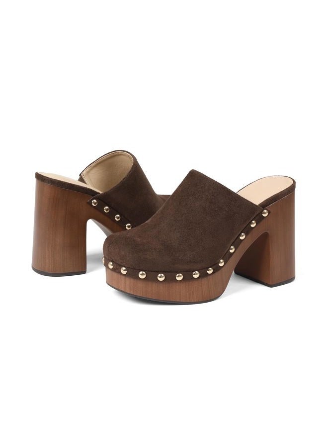 Oiamenne Womens Platform Clogs Mules Chunky High Heeled Sandals Round Toe Slip On Slides Rivet Studded Heels for Women Casual Comfy Shoes, Brownsuede, 7 - Image 3