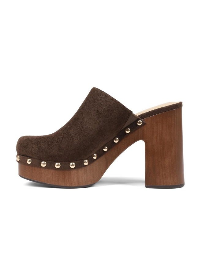 Oiamenne Womens Platform Clogs Mules Chunky High Heeled Sandals Round Toe Slip On Slides Rivet Studded Heels for Women Casual Comfy Shoes, Brownsuede, 7 - Image 1