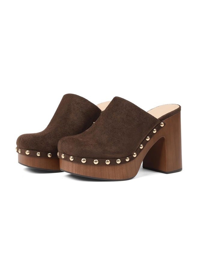 Oiamenne Womens Platform Clogs Mules Chunky High Heeled Sandals Round Toe Slip On Slides Rivet Studded Heels for Women Casual Comfy Shoes, Brownsuede, 7 - Image 2