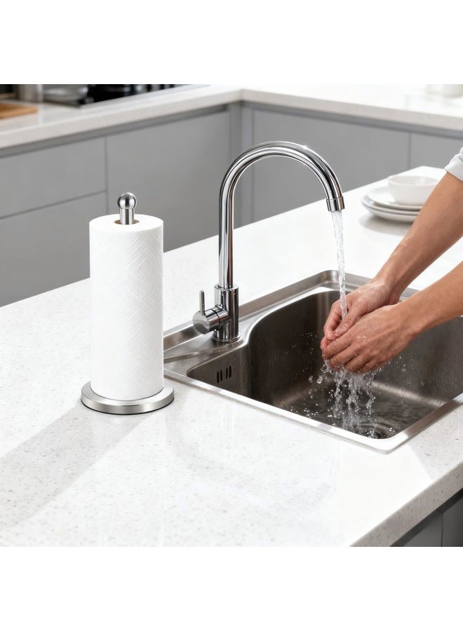 DAWNER Stainless Steel Paper Towel Holder Stand with Base Vertical Design, Easy One- Handed Operation - This Sturdy Weighted Paper Towel Holder Countertop and Holds Paper Towel Rolls, Brushed Nickel - Image 4