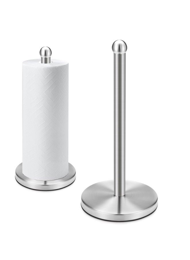 DAWNER Stainless Steel Paper Towel Holder Stand with Base Vertical Design, Easy One- Handed Operation - This Sturdy Weighted Paper Towel Holder Countertop and Holds Paper Towel Rolls, Brushed Nickel - Image 1