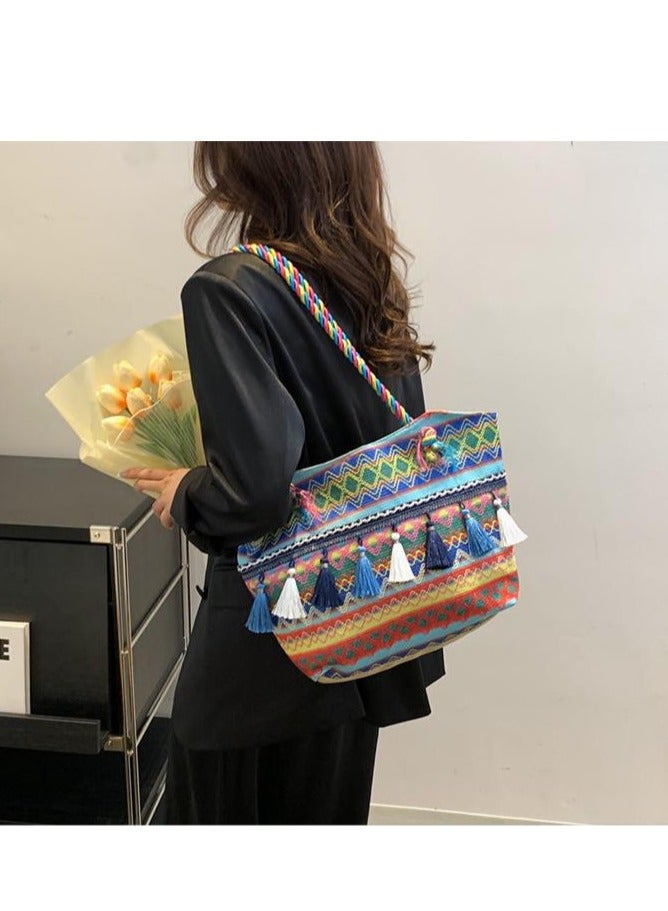 Ethnic Wind Large Capacity Canvas Shoulder Bag Tassel Decoration Blue Tote Bag 38*27*9 - Image 3