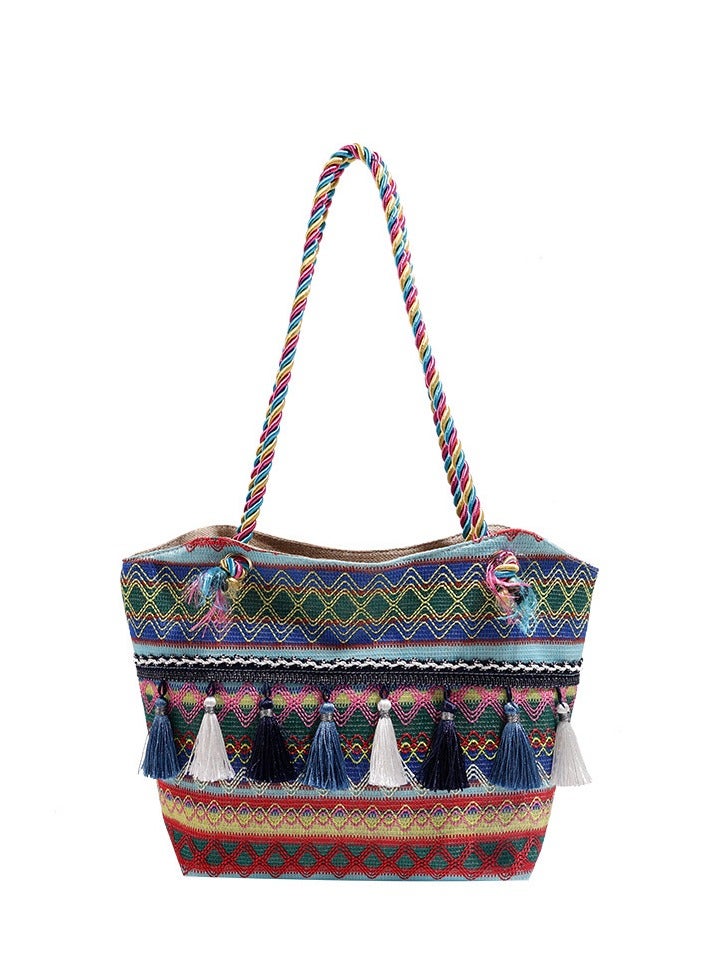 Ethnic Wind Large Capacity Canvas Shoulder Bag Tassel Decoration Blue Tote Bag 38*27*9 - Image 1