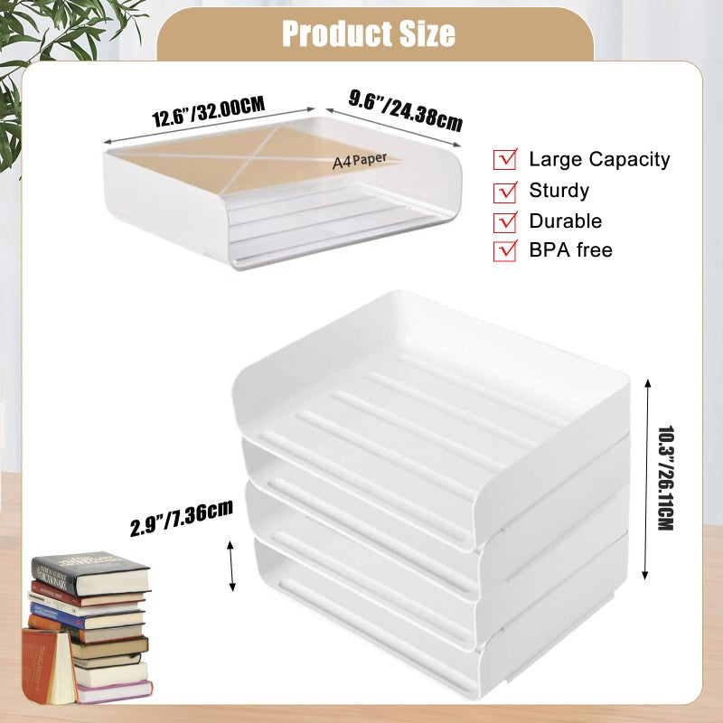 Noger 4 Tier Desk Organizer, Stackable Paper Tray Organizer for Document, Letter, A4 File Paper, Desk Accessories, Notes, Pens (White, 4 Pack) - Image 5