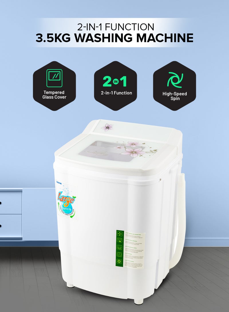 GEEPAS Washing Machine, 2-in-1 Function, 3.5 Kg- Tempered Glass Cover, Wash with Separate Spin, High Spin Speed, 2 Years Warranty GSWM18040 White GSWM18040 White - Image 1