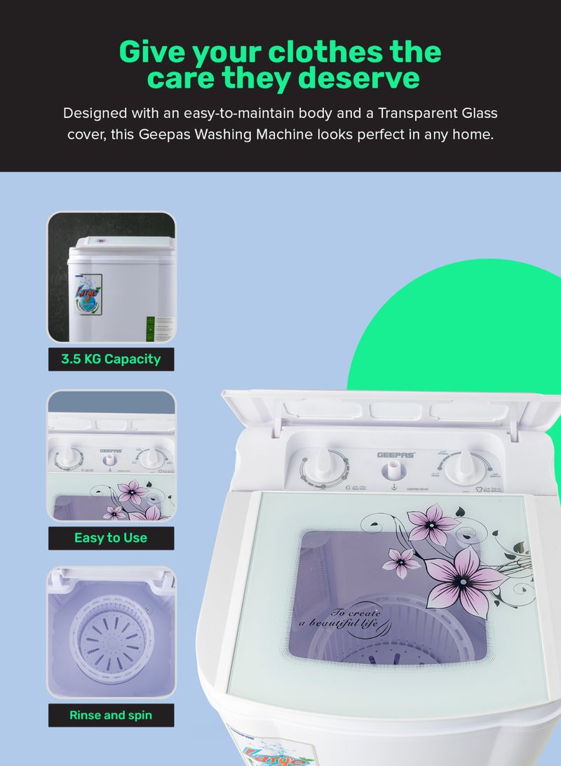 GEEPAS Washing Machine, 2-in-1 Function, 3.5 Kg- Tempered Glass Cover, Wash with Separate Spin, High Spin Speed, 2 Years Warranty GSWM18040 White GSWM18040 White - Image 3
