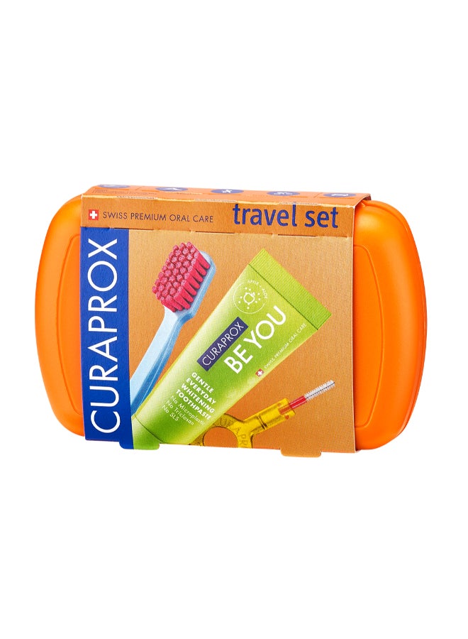 CURAPROX Travel Set Orange I Includes CS 5460 Travel Toothbrush, 10ml Be You Toothpaste, CPS Prime 07 & 09 Interdental Brushes I Compact Oral Care Kit for On-the-Go - Image 1