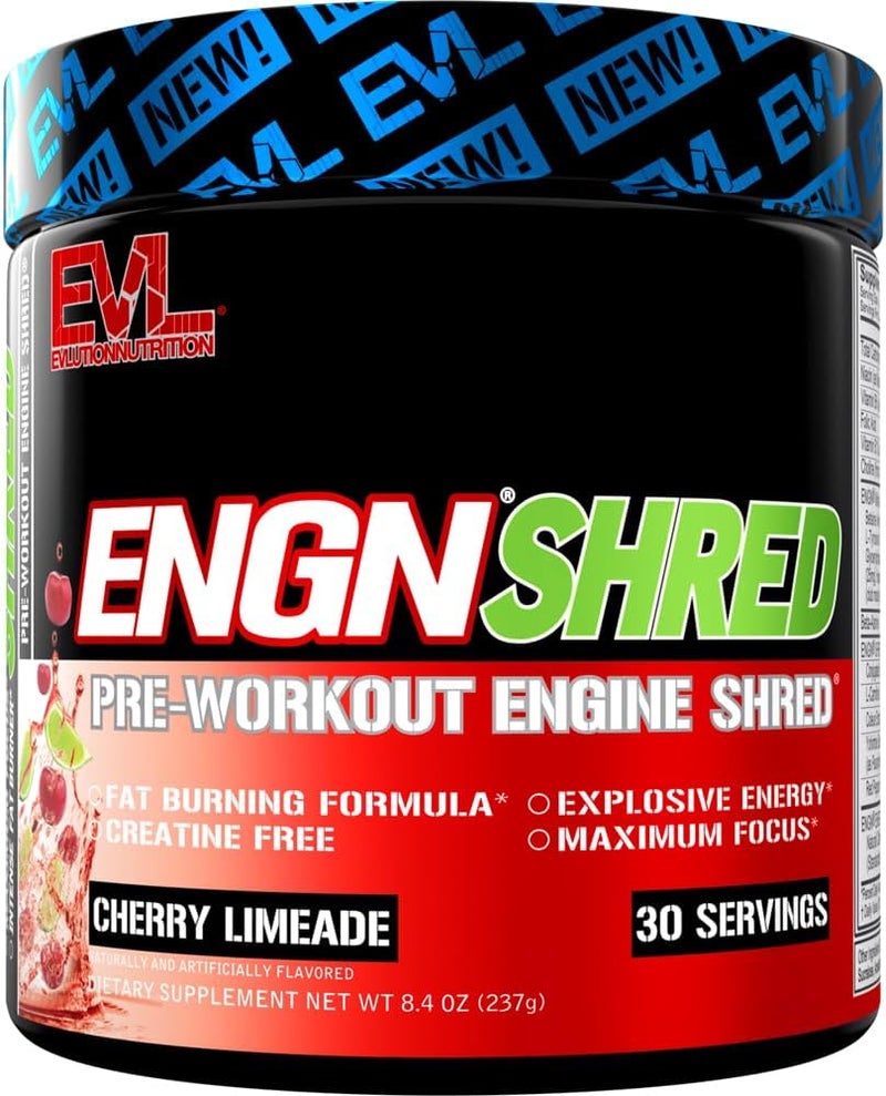 Evlution EVL Ultimate Pre Workout Powder  Thermogenic Fat Burner Preworkout Powder Drink for Lasting Energy Focus and Stamina  ENGN Shred Intense Fat Burning Creatine Free Preworkout Drink  Cherry Limeade - Image 1