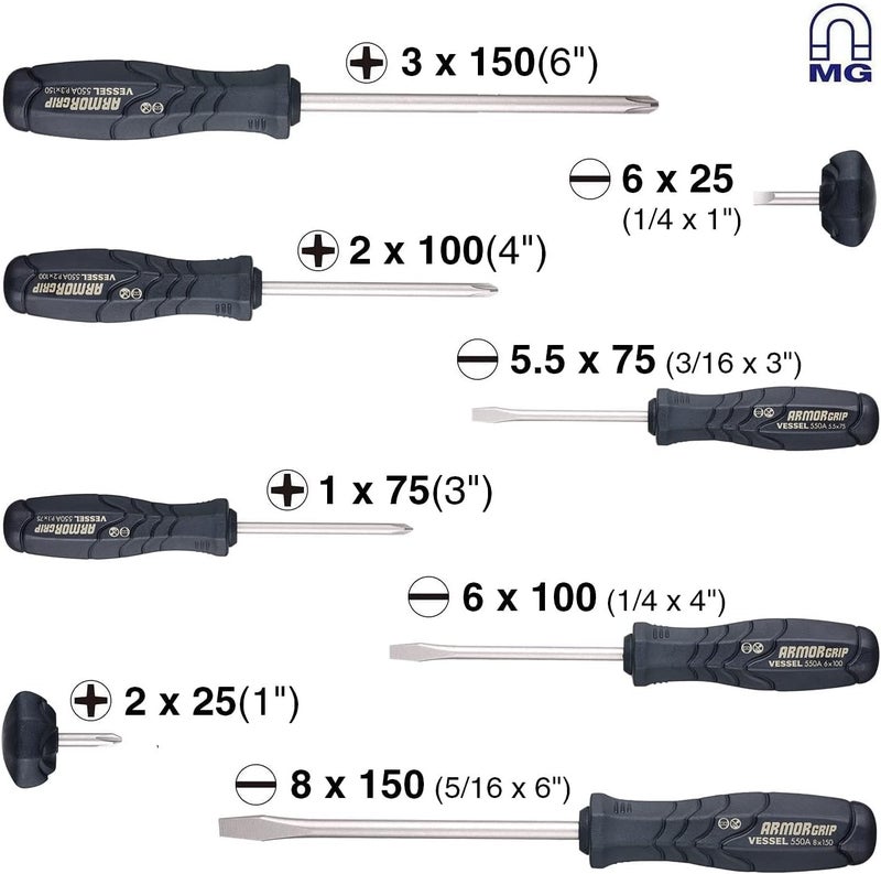 VESSEL مجموعة مفكات ARMOR GRIP 8 قطع (JISDRIVE) رقم 550A8PTU (سابق) - Image 3