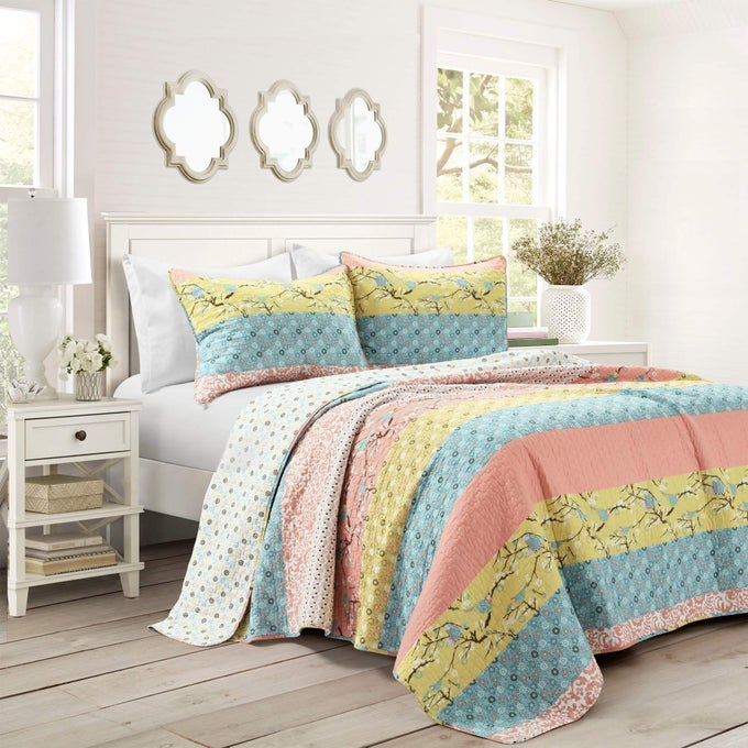 ROYAL EMPIRE REVERSIBLE COTTON QUILT SET 3 PIECE STRIPED BEDDING SET BOLD COLORFUL BOHEMIAN PATTERNS SOFT COTTON FEEL FULL QUEEN BLUE AND CORAL