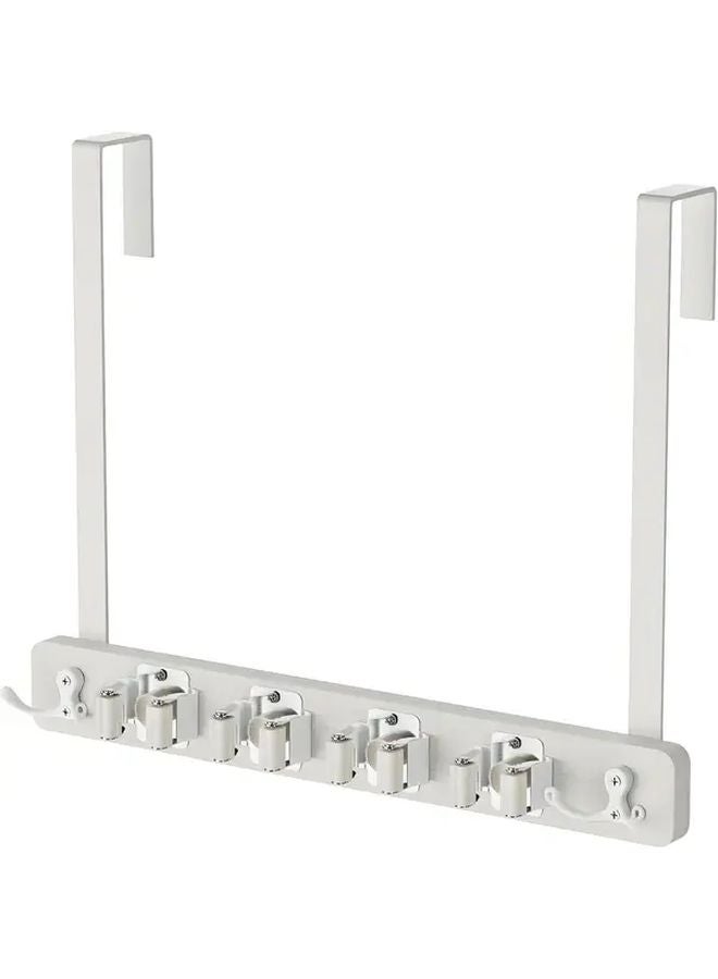 White Door Mounted Broom Mop Holder With 4 Shelves 2 Hooks No Drilling - Image 1