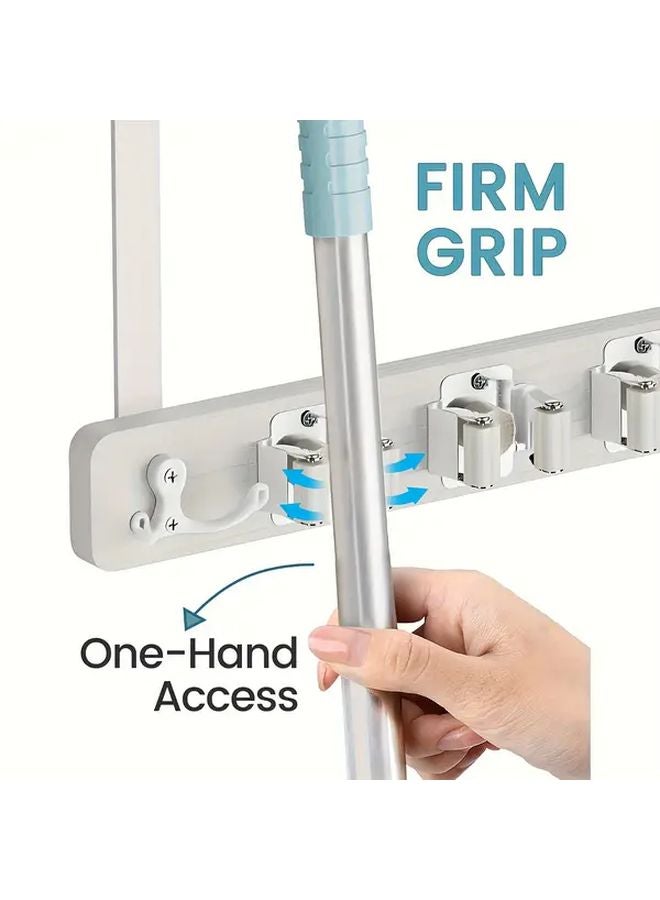 White Door Mounted Broom Mop Holder With 4 Shelves 2 Hooks No Drilling - Image 5