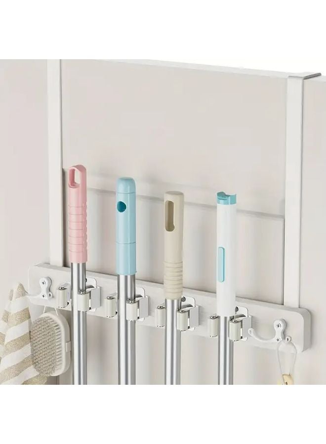 White Door Mounted Broom Mop Holder With 4 Shelves 2 Hooks No Drilling - Image 2