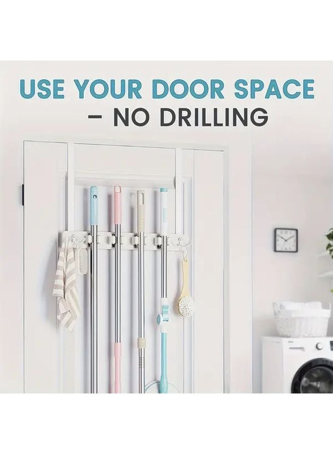 White Door Mounted Broom Mop Holder With 4 Shelves 2 Hooks No Drilling - Image 3