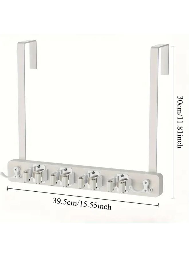 White Door Mounted Broom Mop Holder With 4 Shelves 2 Hooks No Drilling - Image 4