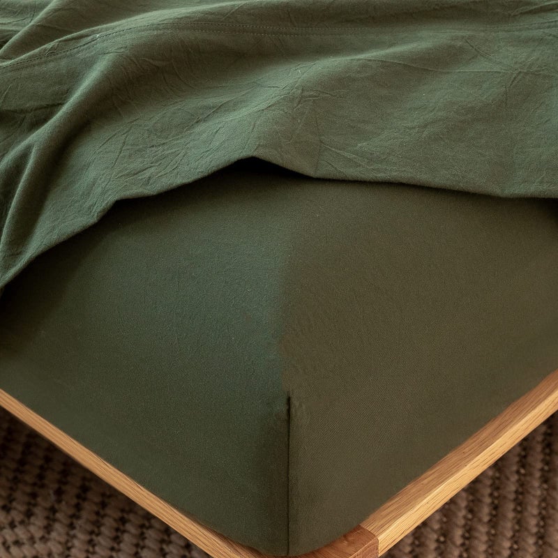 MooMee Fitted Bottom Sheet Only 100% Washed Cotton Linen Like Textured Breathable Durable Soft Comfy Deep Pocket Fits Mattress up to 17"" (Olive Green  Queen) - Image 1