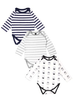 Kidbea Kidbea Organic cotton baby Pack of 3 onesies Unisex | Strips - Blue, Grey and Cup  - Image 1