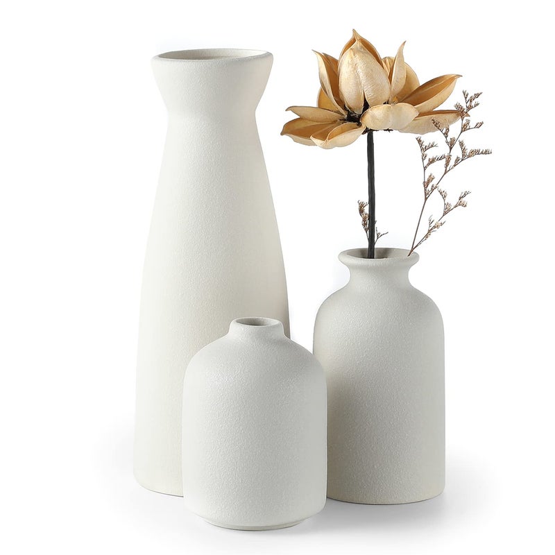 Cemabt White Ceramic Vase Set-3 مزهريات زهرة صغيرة للديكور الحديثة بوهو مزرعة المنزل ديكور المزهرية الزخرفية لبامباس العشب والزهور المجففة فكرة الجرف الجرف على رف الكتب المدخل- معجب - Image 1
