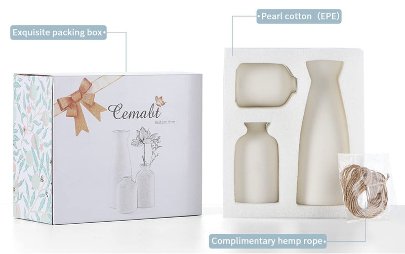 Cemabt White Ceramic Vase Set-3 مزهريات زهرة صغيرة للديكور الحديثة بوهو مزرعة المنزل ديكور المزهرية الزخرفية لبامباس العشب والزهور المجففة فكرة الجرف الجرف على رف الكتب المدخل- معجب - Image 4