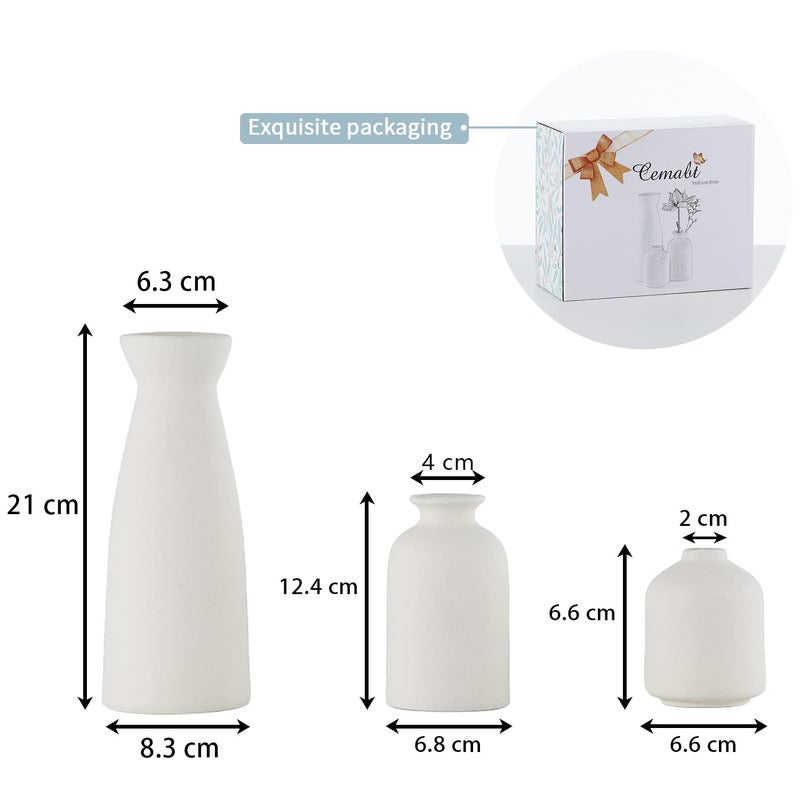 Cemabt White Ceramic Vase Set-3 مزهريات زهرة صغيرة للديكور الحديثة بوهو مزرعة المنزل ديكور المزهرية الزخرفية لبامباس العشب والزهور المجففة فكرة الجرف الجرف على رف الكتب المدخل- معجب - Image 3