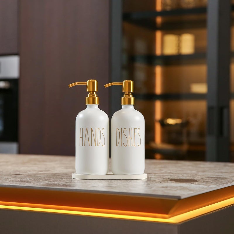 MOMEEMO Kitchen Soap Dispenser Set, Glass Soap Dispenser with Stainless Steel Pump, Contains Dish Soap Dispenser, Hand Soap Dispenser, and Tray Suitable for Kitchen Counter Decor. (White) - Image 3