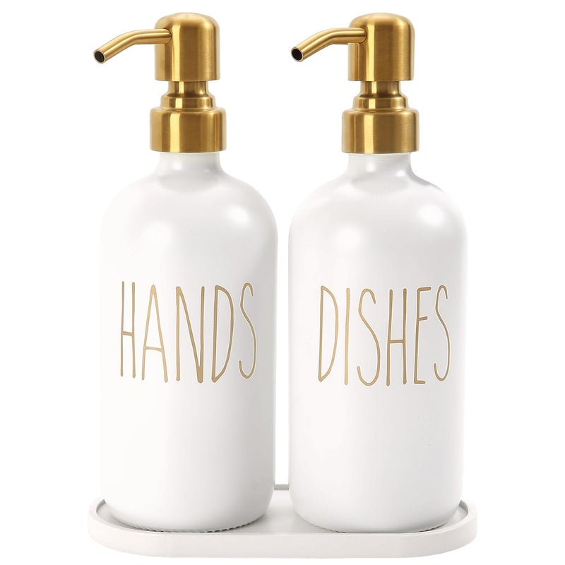 MOMEEMO Kitchen Soap Dispenser Set, Glass Soap Dispenser with Stainless Steel Pump, Contains Dish Soap Dispenser, Hand Soap Dispenser, and Tray Suitable for Kitchen Counter Decor. (White) - Image 1