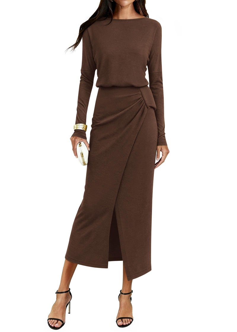 KIRUNDO Long Sleeve Dress for Women 2026 Spring Summer Boat Neck Cocktail Wedding Guest Knit Wrap Ruched Slit Maxi Dresses(Dark Brown, Medium) - Image 1