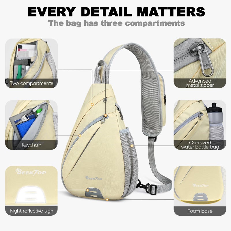 Seektop Anti Theft Crossbody Bag for Women RFID Blocking Waterproof Sling Backpack Lightweight 400D Nylon Small Chest Pack Shoulder Bag for Travel Hiking Commuting Men Beige - Image 4